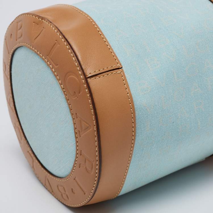 Pre Owned Bvlgari Brown/Light Beige Logo Mania Canvas and Leather Cylinder Bag