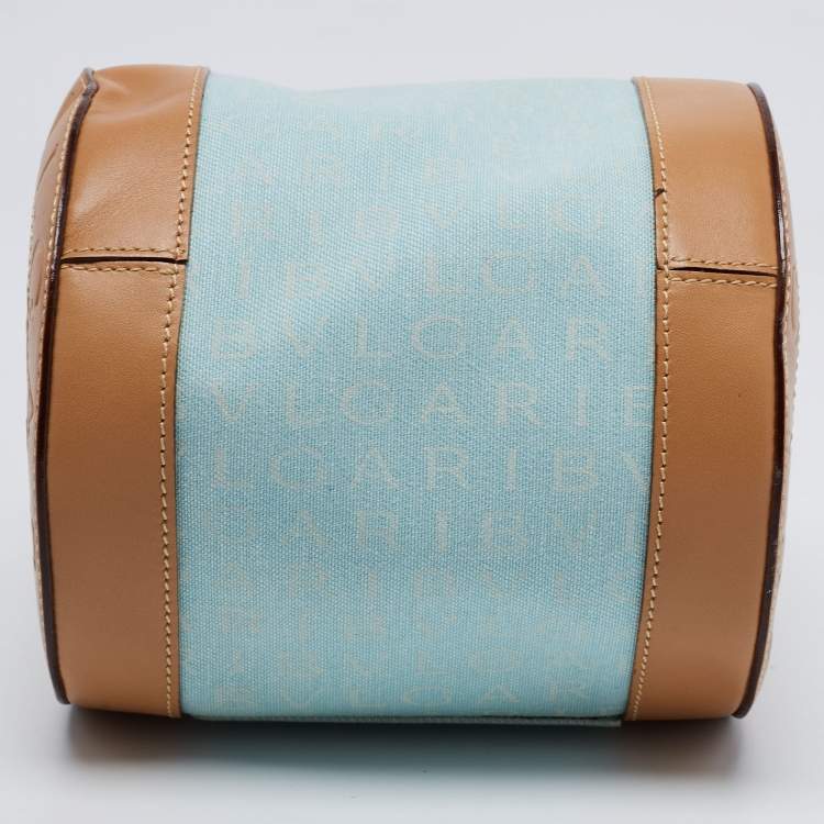 Pre Owned Bvlgari Brown/Light Beige Logo Mania Canvas and Leather Cylinder Bag