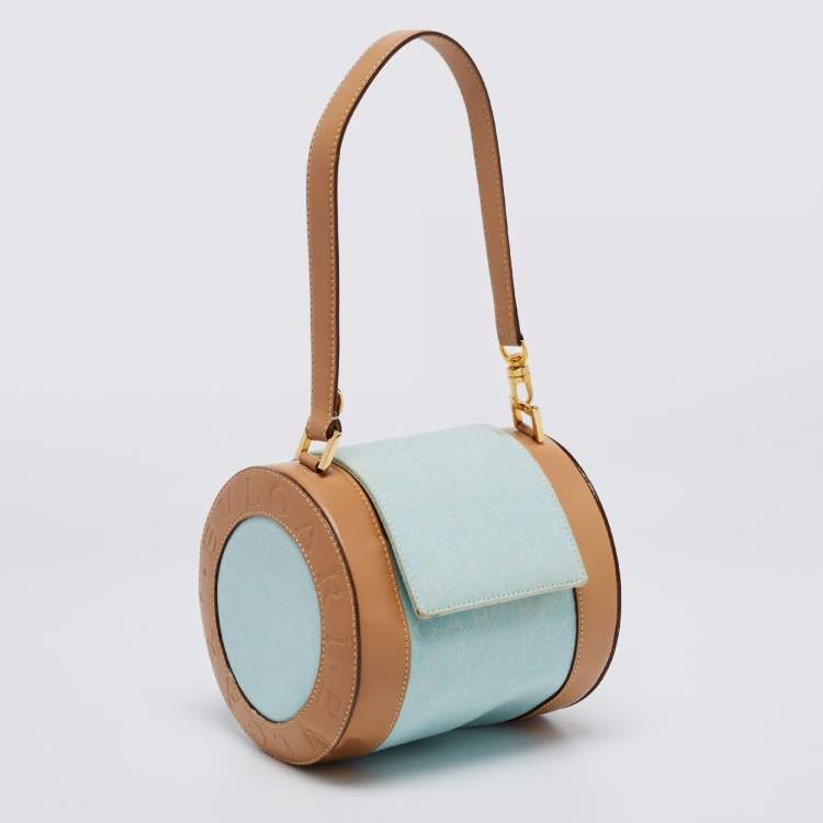 Pre Owned Bvlgari Brown/Light Beige Logo Mania Canvas and Leather Cylinder Bag