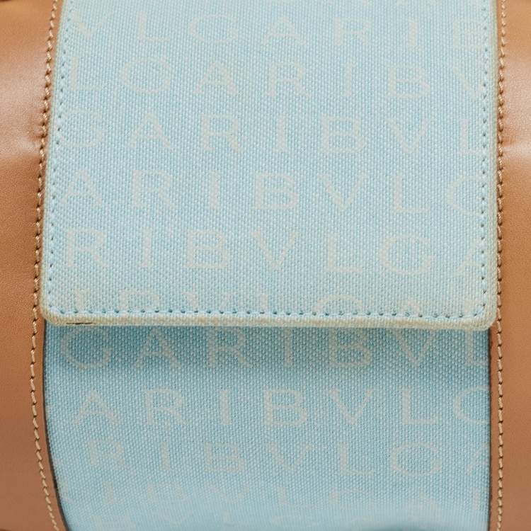 Pre Owned Bvlgari Brown/Light Beige Logo Mania Canvas and Leather Cylinder Bag