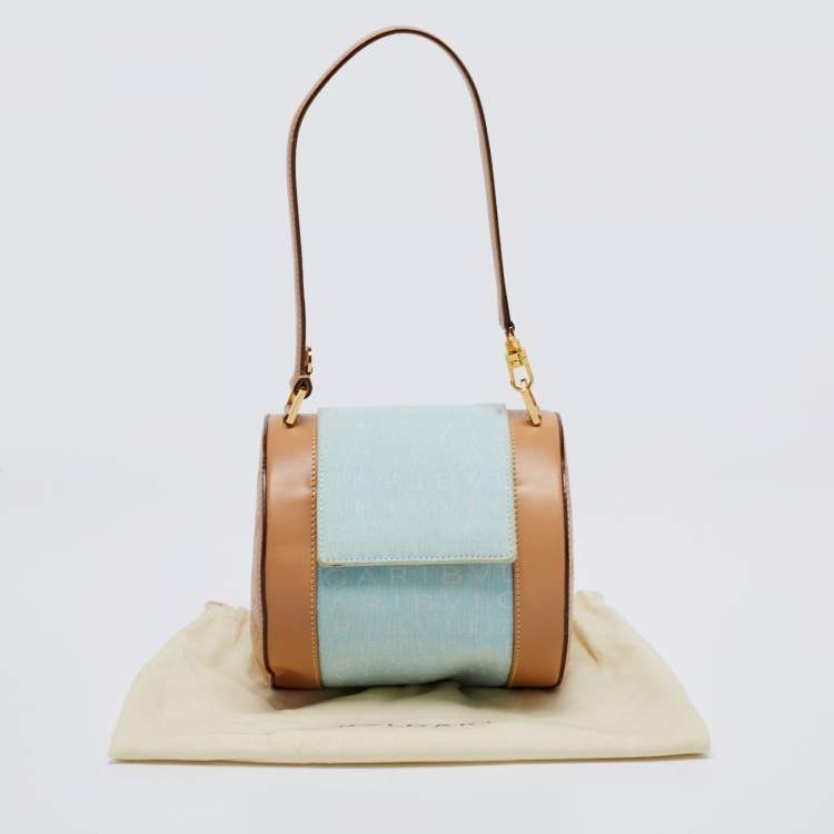 Pre Owned Bvlgari Brown/Light Beige Logo Mania Canvas and Leather Cylinder Bag