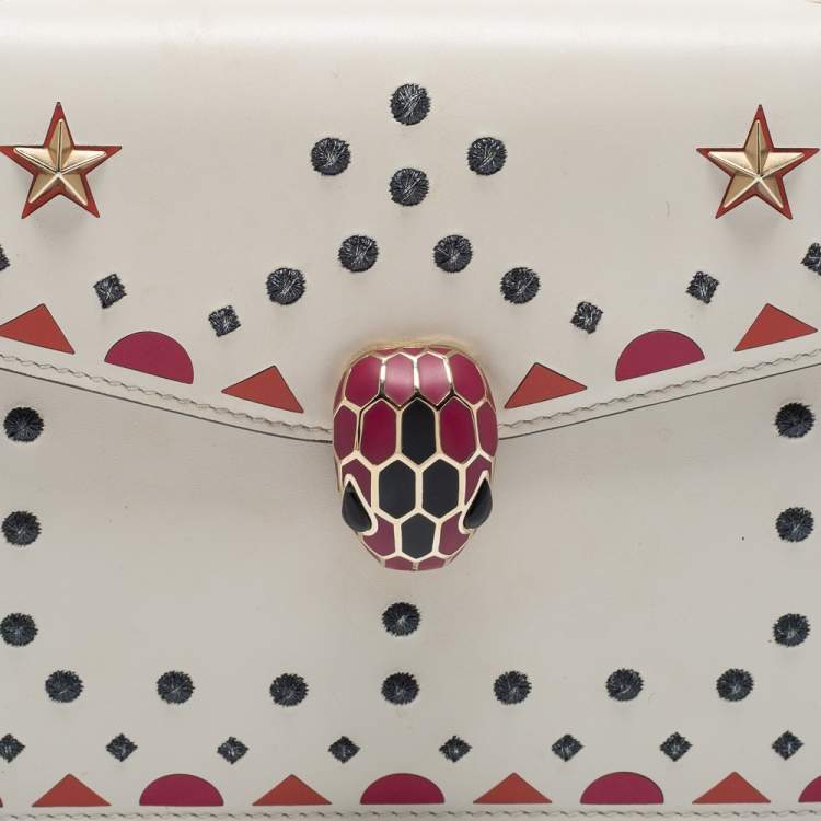 Pre Owned Bvlgari Off White Printed and Embroidered Leather Small Serpenti Forever Shoulder Bag