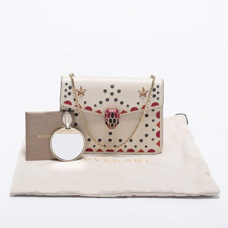 Pre Owned Bvlgari Off White Printed and Embroidered Leather Small Serpenti Forever Shoulder Bag