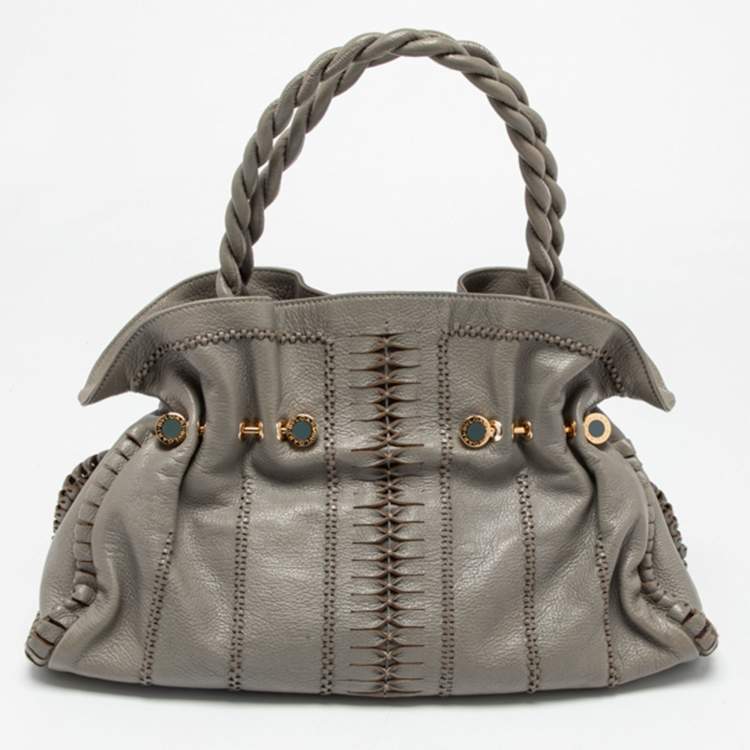 Pre Owned Bvlgari Grey Cognac Woven Leather Satchel