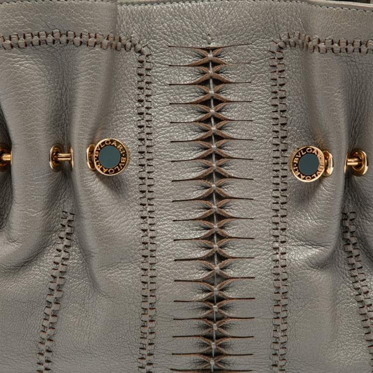Pre Owned Bvlgari Grey Cognac Woven Leather Satchel