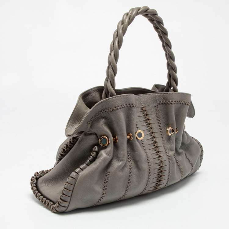 Pre Owned Bvlgari Grey Cognac Woven Leather Satchel