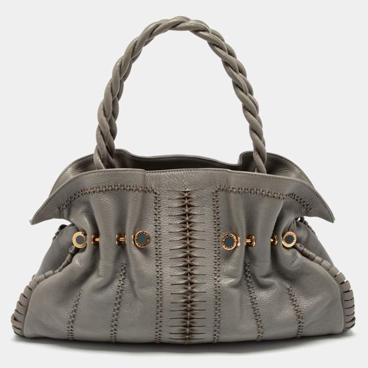 Pre Owned Bvlgari Grey Cognac Woven Leather Satchel