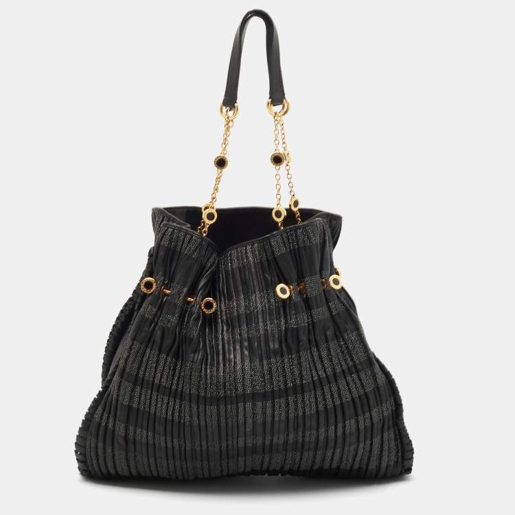 Pre Owned Bvlgari Black Pleated Leather Twistino Tina Shopper Tote