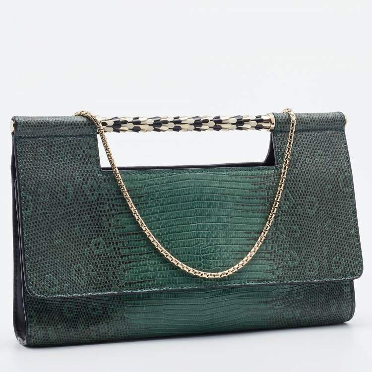 Pre Owned Bvlgari Green Lizard Leather Chain Flap Crossbody Bag