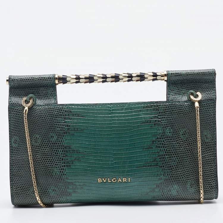 Pre Owned Bvlgari Green Lizard Leather Chain Flap Crossbody Bag