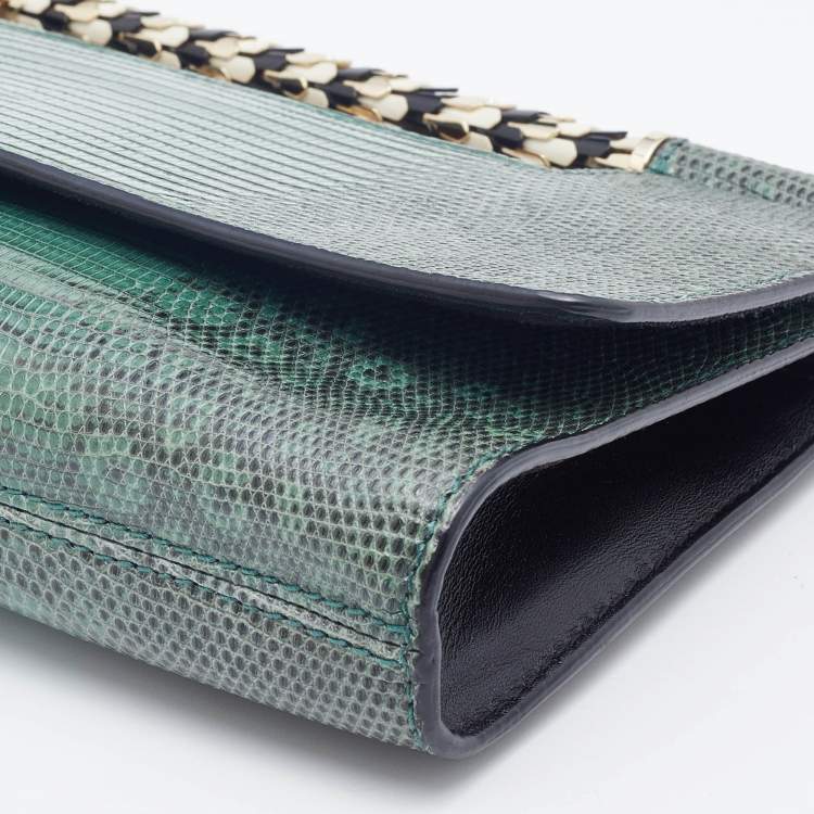 Pre Owned Bvlgari Green Lizard Leather Chain Flap Crossbody Bag