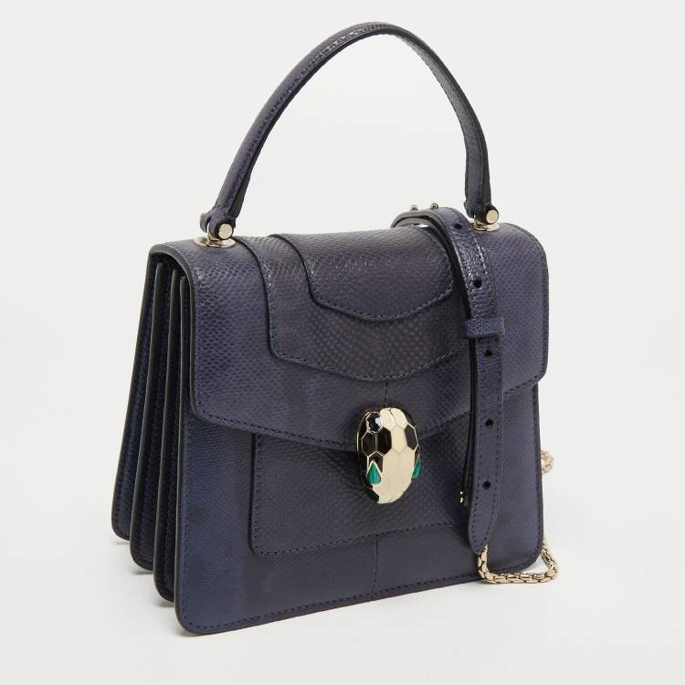 Pre Owned Bvlgari Navy Blue Karung Leather Serpenti Forever Top Handle Bag