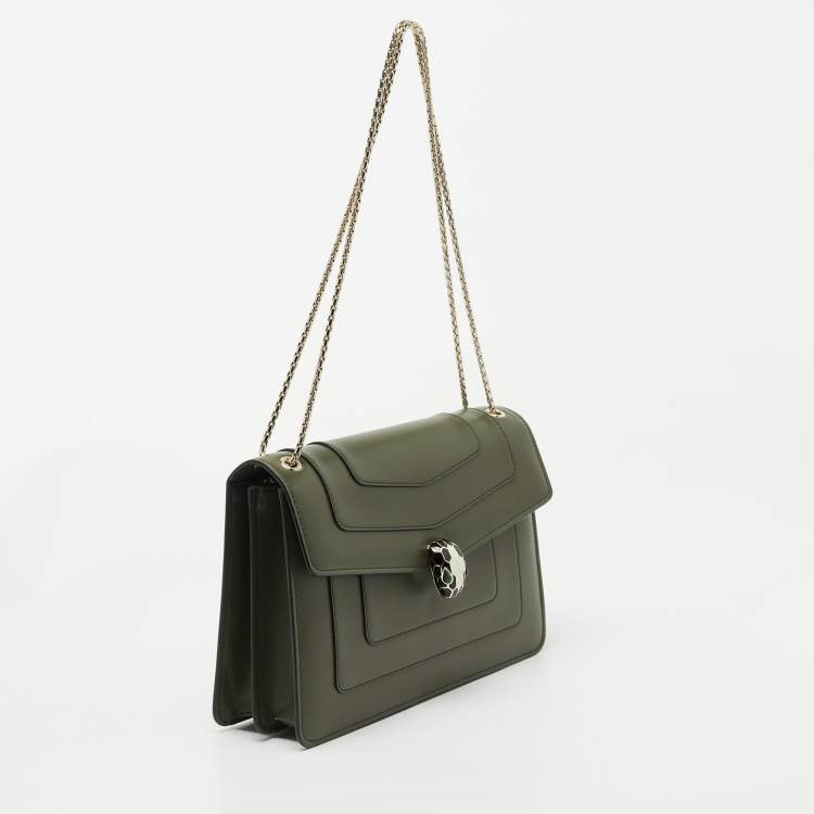 Pre Owned Bvlgari Olive Green Leather Medium Serpenti Forever Flap Shoulder Bag