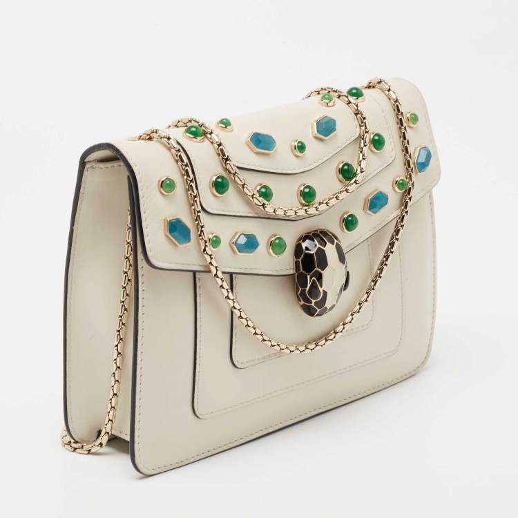 Pre Owned Bvlgari Off White Leather Serpenti Forever Crystal Embellished Shoulder Bag