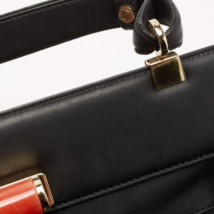 Pre Owned Bvlgari Black/White Woven Leather Isabella Rossellini Top Handle Bag