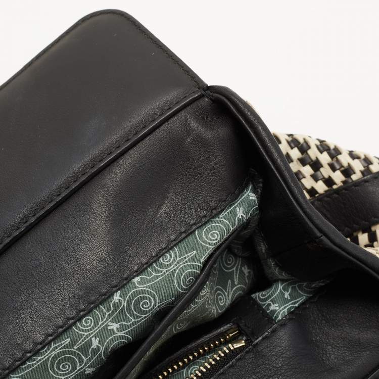 Pre Owned Bvlgari Black/White Woven Leather Isabella Rossellini Top Handle Bag