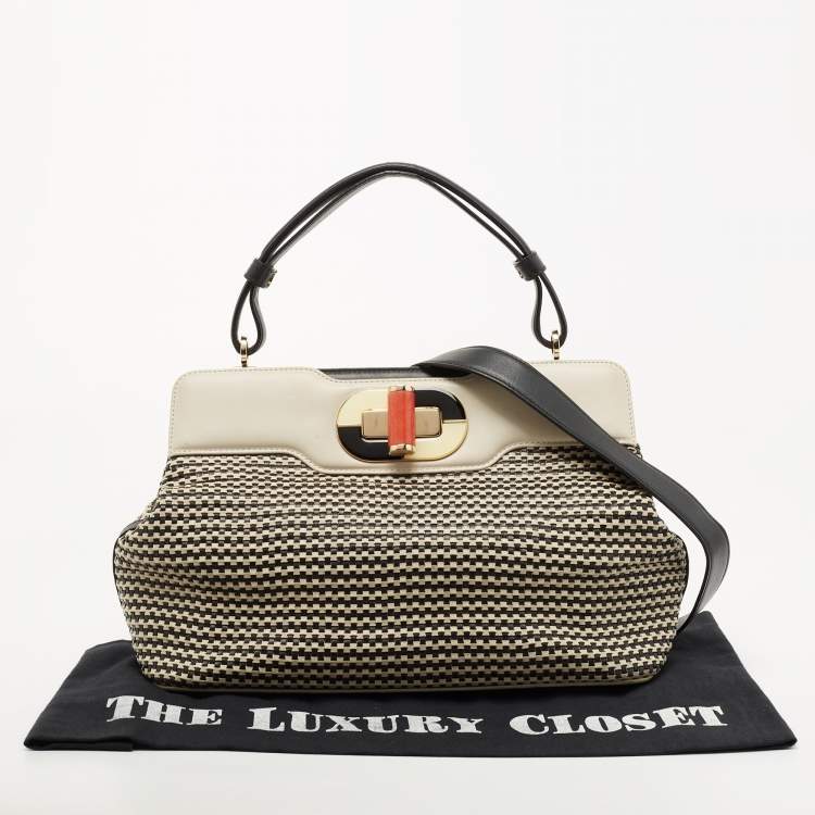 Pre Owned Bvlgari Black/White Woven Leather Isabella Rossellini Top Handle Bag