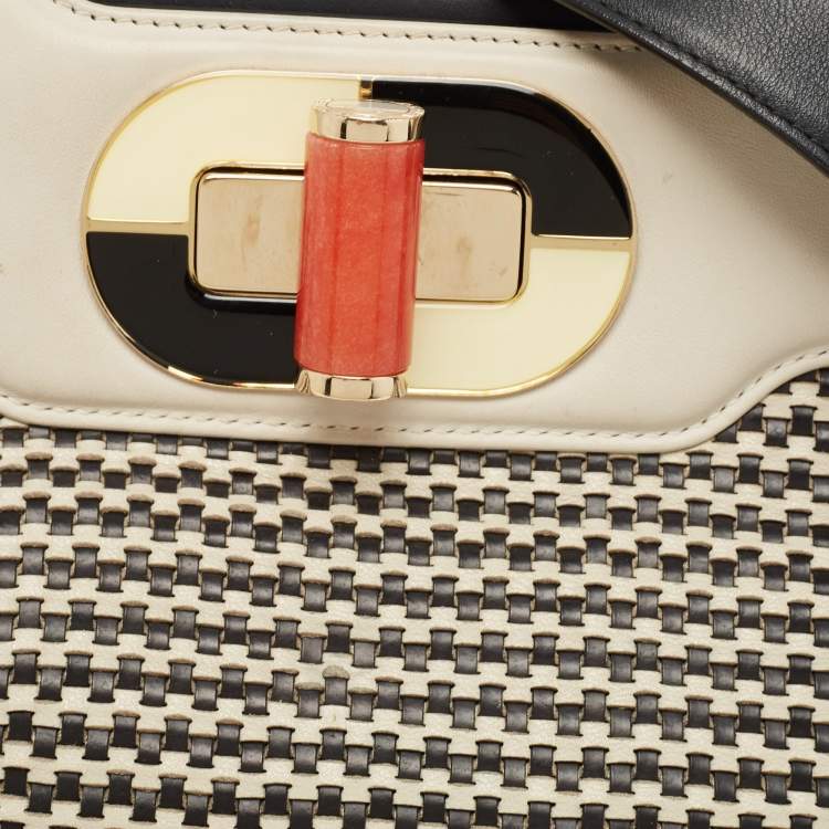 Pre Owned Bvlgari Black/White Woven Leather Isabella Rossellini Top Handle Bag