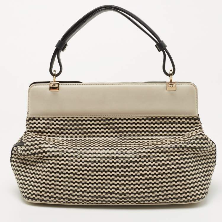 Pre Owned Bvlgari Black/White Woven Leather Isabella Rossellini Top Handle Bag