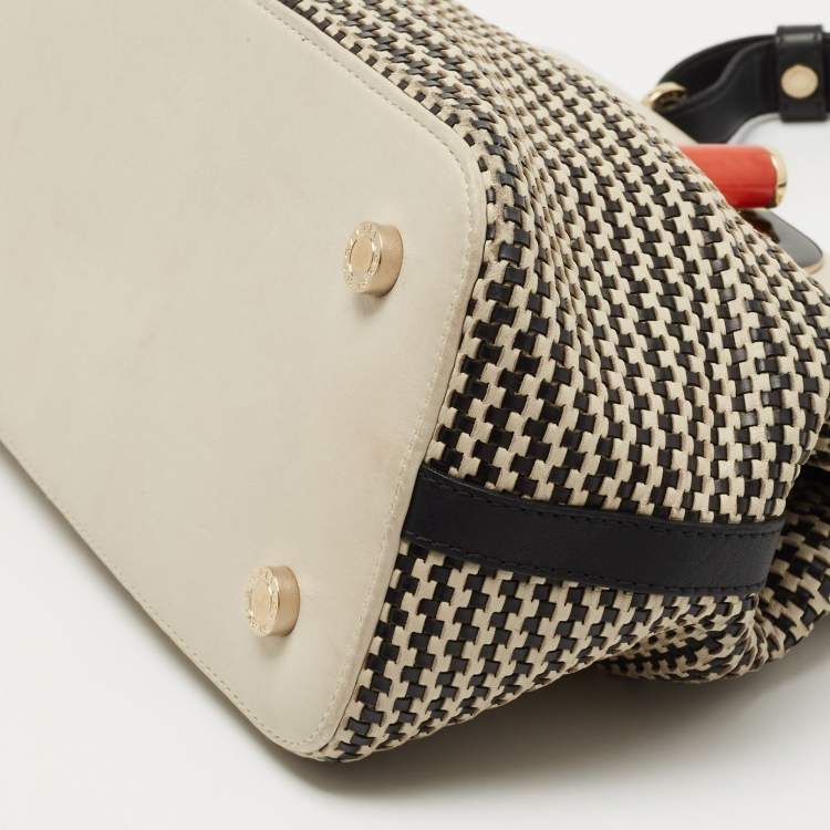 Pre Owned Bvlgari Black/White Woven Leather Isabella Rossellini Top Handle Bag
