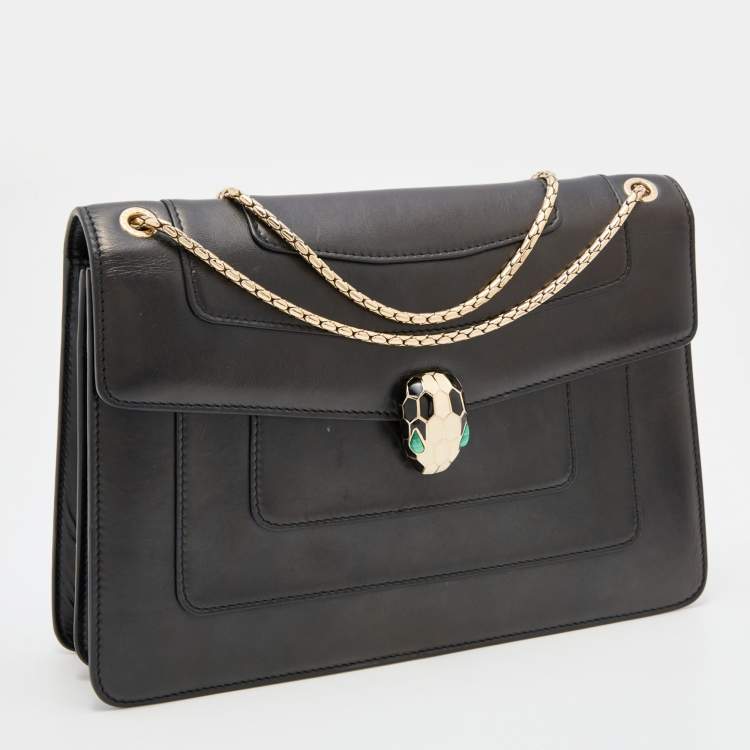 Pre Owned Bvlgari Black Leather Medium Serpenti Forever Flap Shoulder Bag
