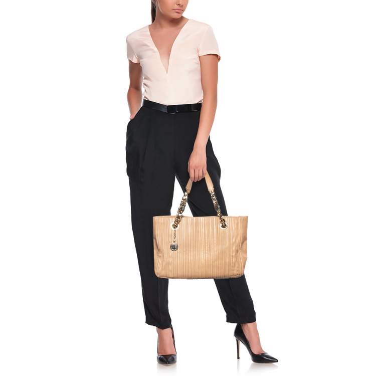 Pre Owned Bvlgari Beige Leather Monte Plisse Shopper Tote