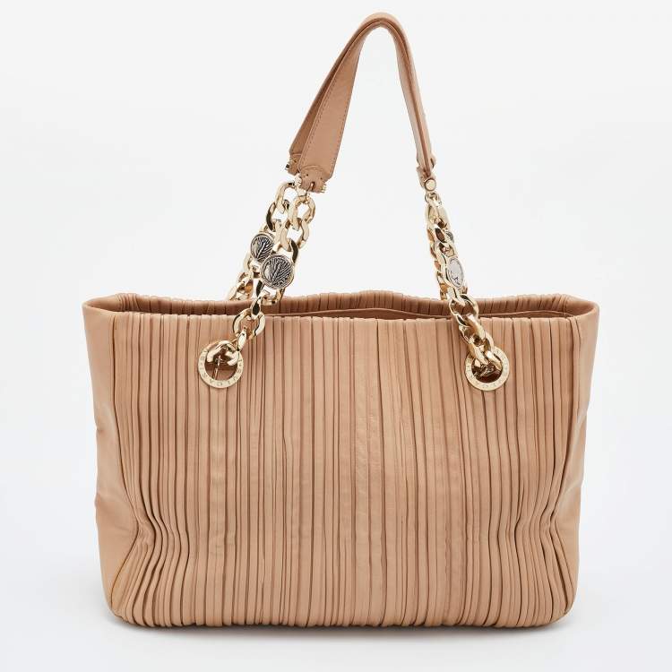 Pre Owned Bvlgari Beige Leather Monte Plisse Shopper Tote