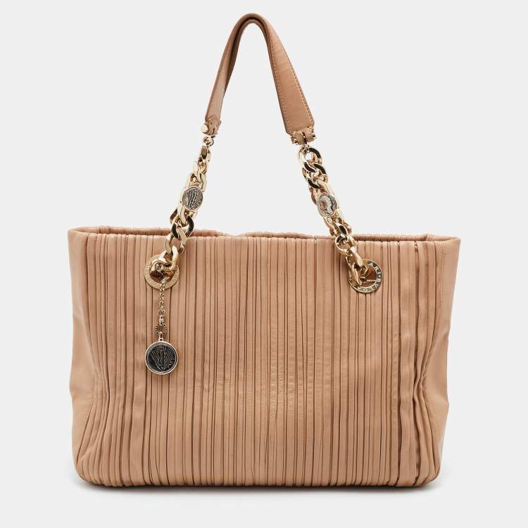 Pre Owned Bvlgari Beige Leather Monte Plisse Shopper Tote