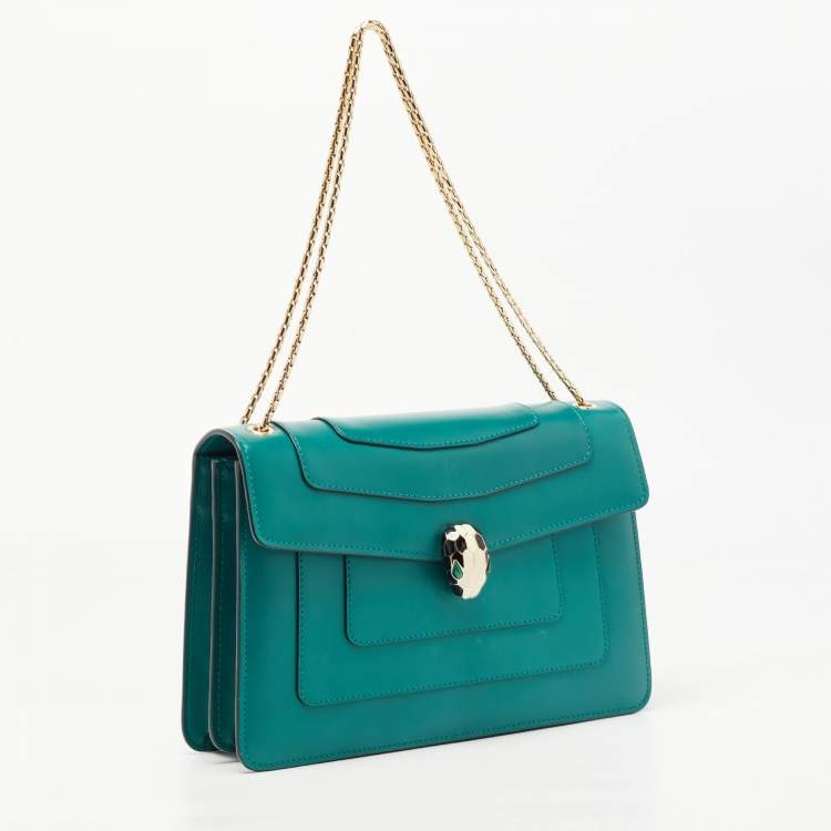 Pre Owned Bvlgari Green Leather Medium Serpenti Forever Flap Shoulder Bag