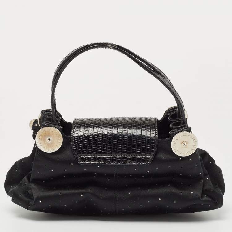 Pre Owned Bvlgari Black Satin and Lizard Crystals Cicladi Clutch Bag