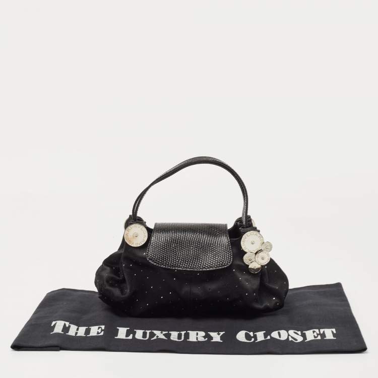 Pre Owned Bvlgari Black Satin and Lizard Crystals Cicladi Clutch Bag