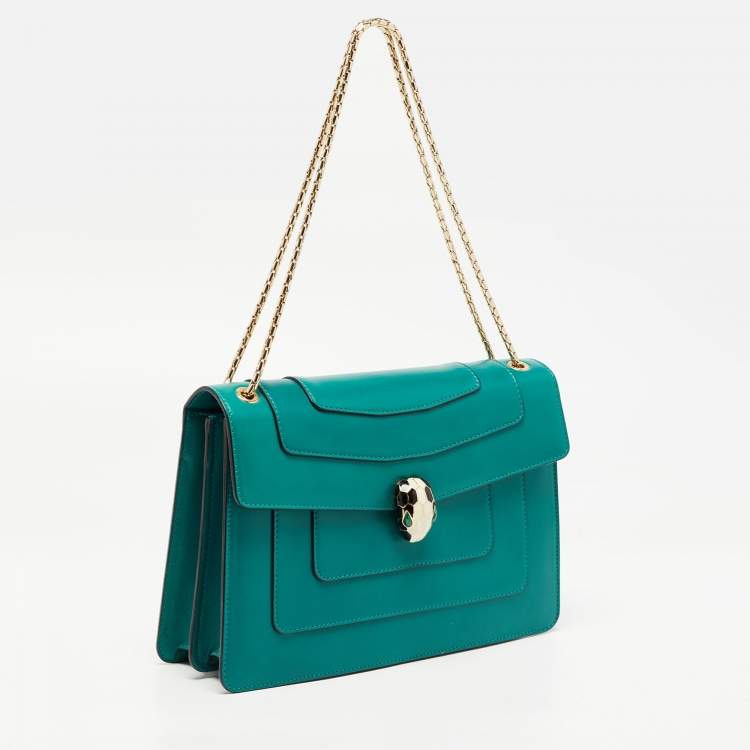 Pre Owned Bvlgari Green Leather Medium Serpenti Forever Flap Shoulder Bag