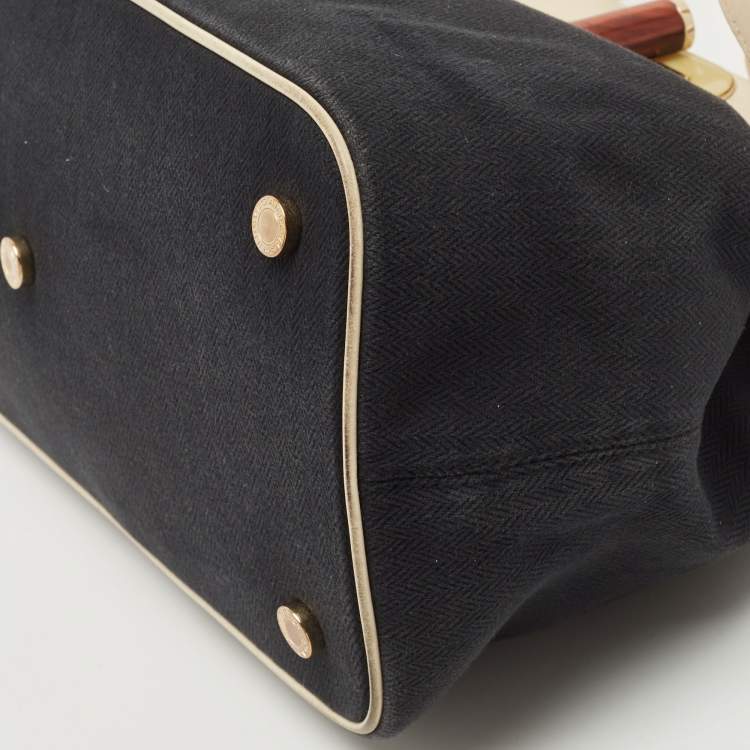 Pre Owned Bvlgari Black/Cream Leather And Canvas Isabella Rossellini Top Handle Bag