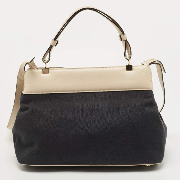 Pre Owned Bvlgari Black/Cream Leather And Canvas Isabella Rossellini Top Handle Bag
