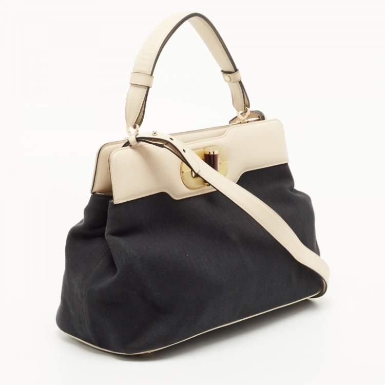 Pre Owned Bvlgari Black/Cream Leather And Canvas Isabella Rossellini Top Handle Bag