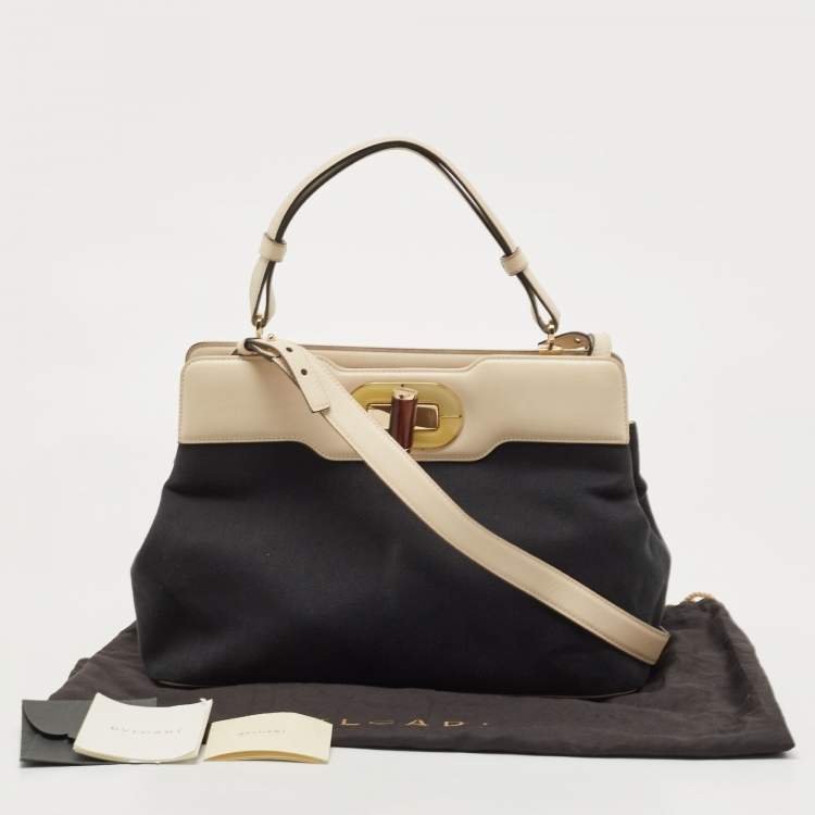 Pre Owned Bvlgari Black/Cream Leather And Canvas Isabella Rossellini Top Handle Bag