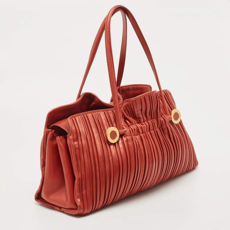 Pre Owned Bvlgari Brick Brown Pleated Leather Plisse Tote