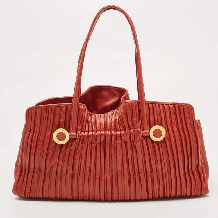 Pre Owned Bvlgari Brick Brown Pleated Leather Plisse Tote