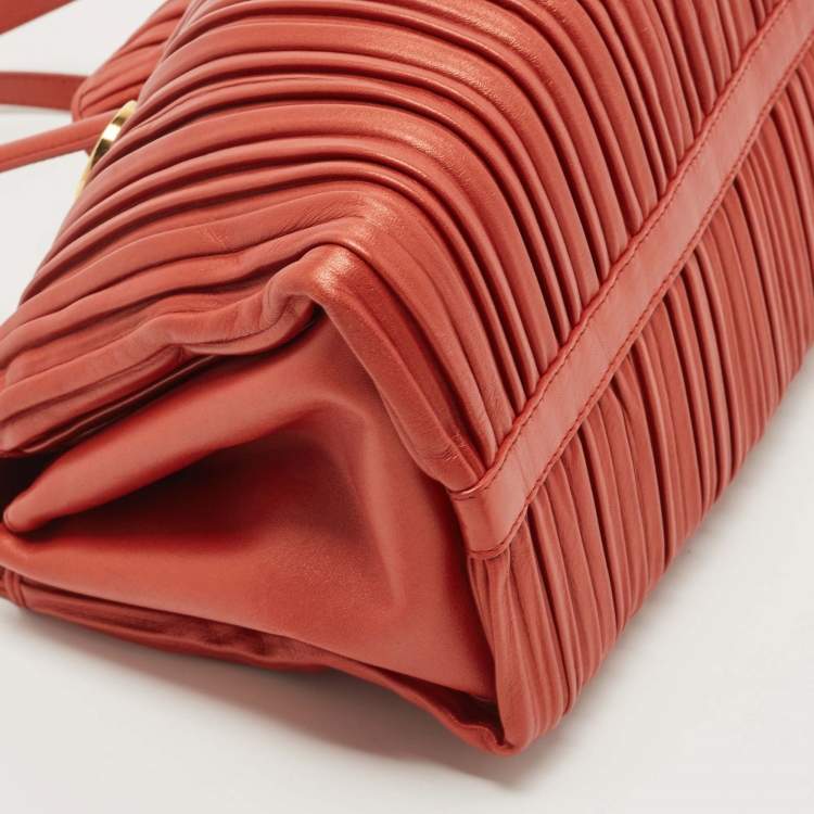 Pre Owned Bvlgari Brick Brown Pleated Leather Plisse Tote