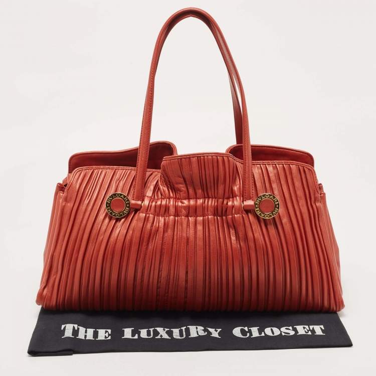 Pre Owned Bvlgari Brick Brown Pleated Leather Plisse Tote