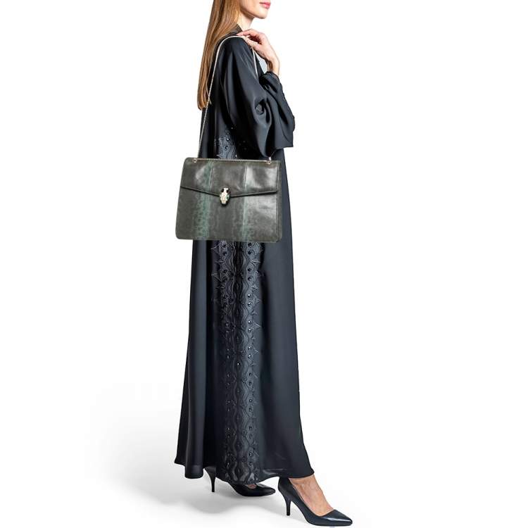 Pre Owned Bvlgari Green/Black Karung Leather Serpenti Forever Flap Shoulder Bag