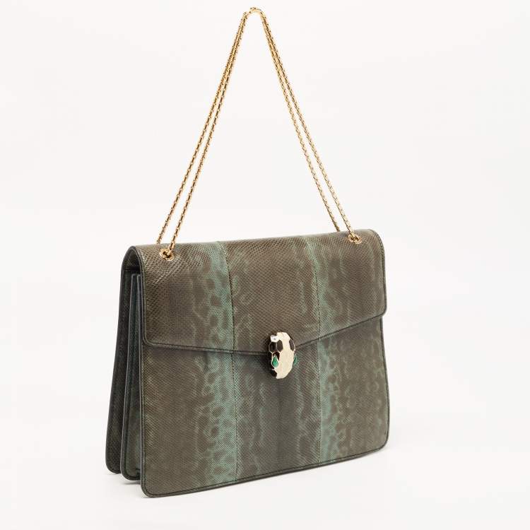 Pre Owned Bvlgari Green/Black Karung Leather Serpenti Forever Flap Shoulder Bag