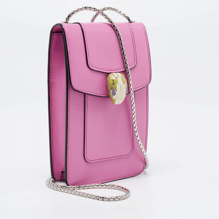 Pre Owned Bvlgari Pink Leather Serpenti Forever Card Case Chain Bag
