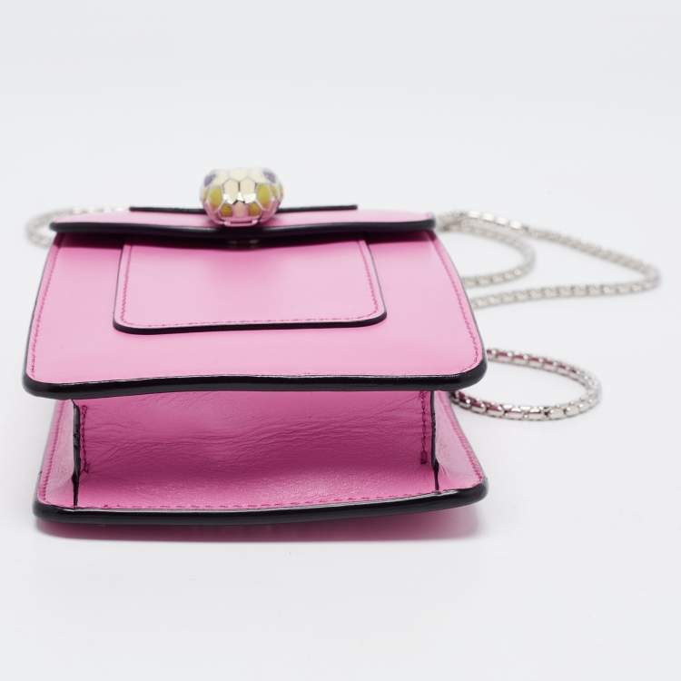 Pre Owned Bvlgari Pink Leather Serpenti Forever Card Case Chain Bag