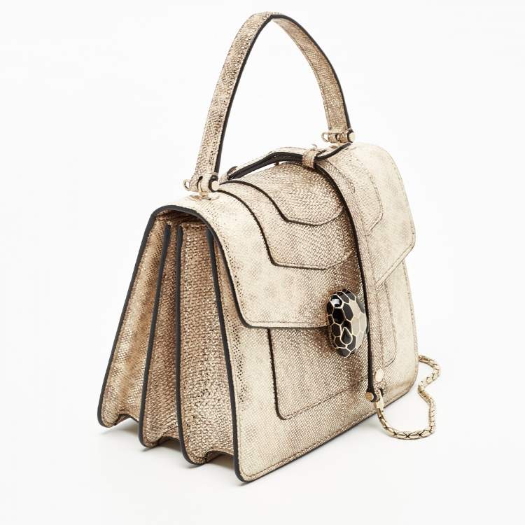 Pre Owned Bvlgari Metallic Gold/Light Beige Karung Leather Small Serpenti Forever Top Handle Bag