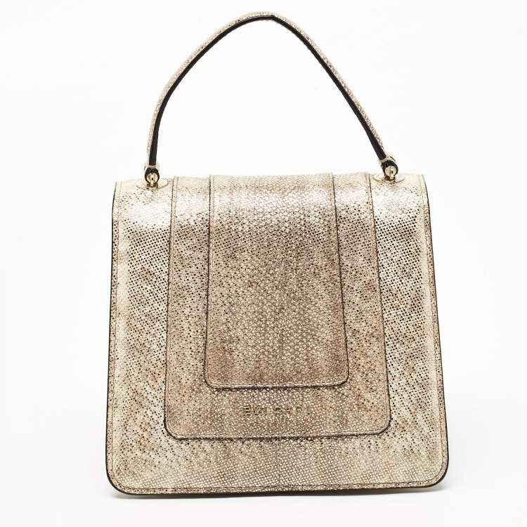 Pre Owned Bvlgari Metallic Gold/Light Beige Karung Leather Small Serpenti Forever Top Handle Bag