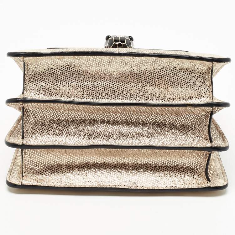 Pre Owned Bvlgari Metallic Gold/Light Beige Karung Leather Small Serpenti Forever Top Handle Bag