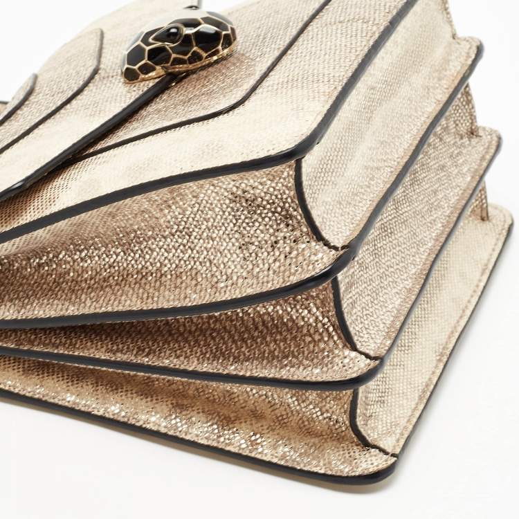 Pre Owned Bvlgari Metallic Gold/Light Beige Karung Leather Small Serpenti Forever Top Handle Bag