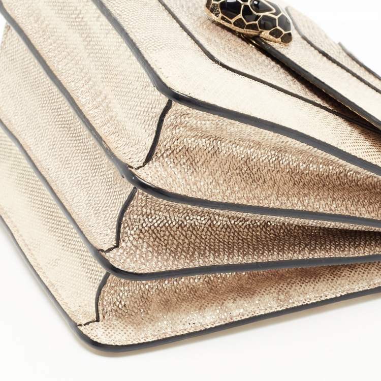 Pre Owned Bvlgari Metallic Gold/Light Beige Karung Leather Small Serpenti Forever Top Handle Bag