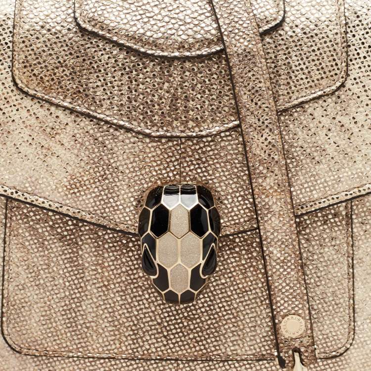 Pre Owned Bvlgari Metallic Gold/Light Beige Karung Leather Small Serpenti Forever Top Handle Bag